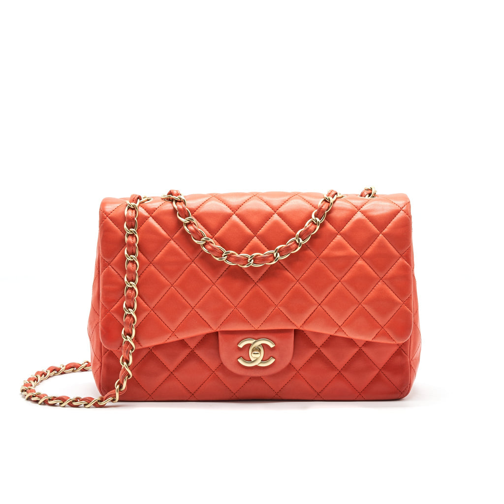 CHANEL CLASSIC SINGLE FLAP JUMBO BAG ORANGE LAMBSKIN GHW