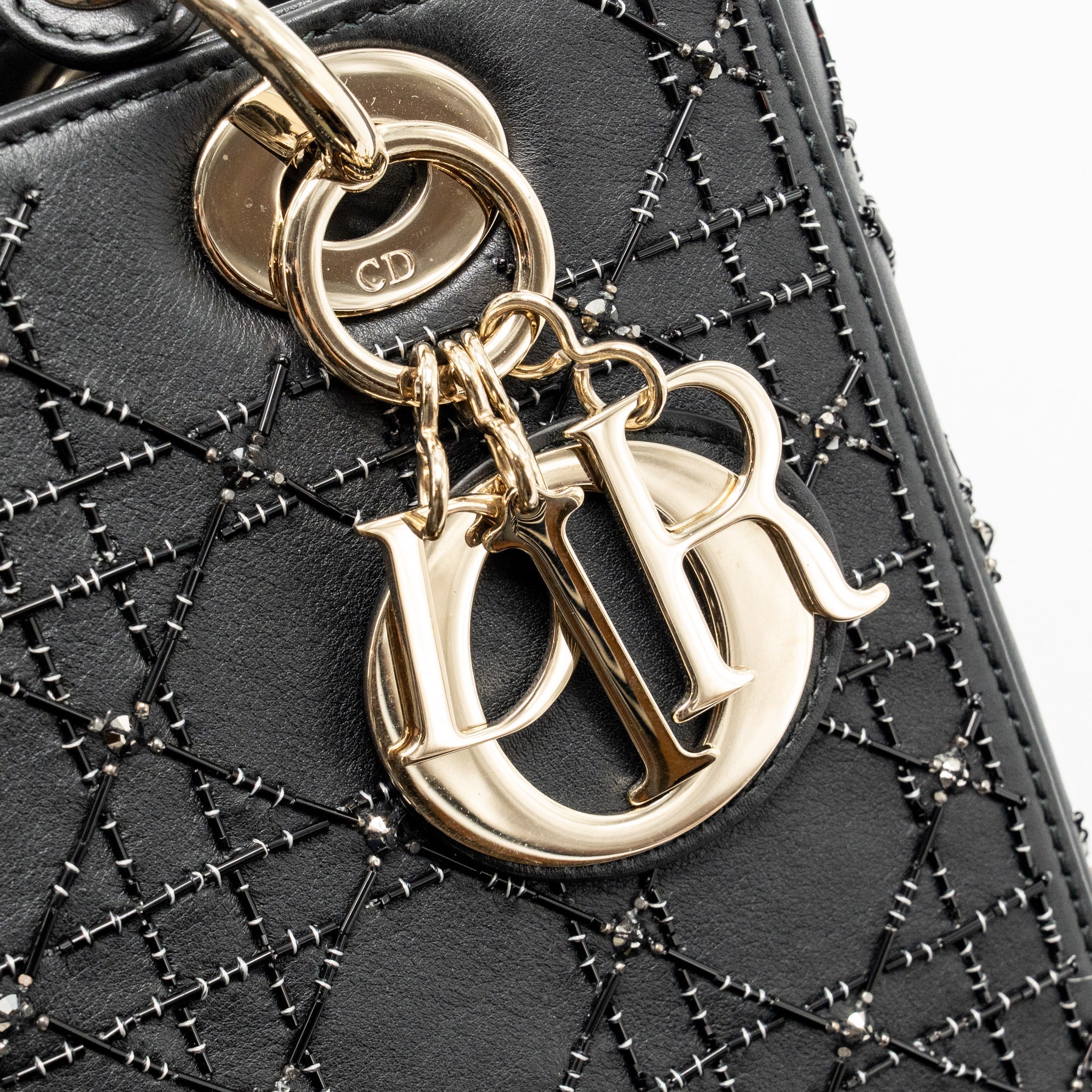 DIOR MEDIUM LADY DIOR EMBELLISHED CANNAGE LIMITED EDITION CALFSKIN BLACK LGHW