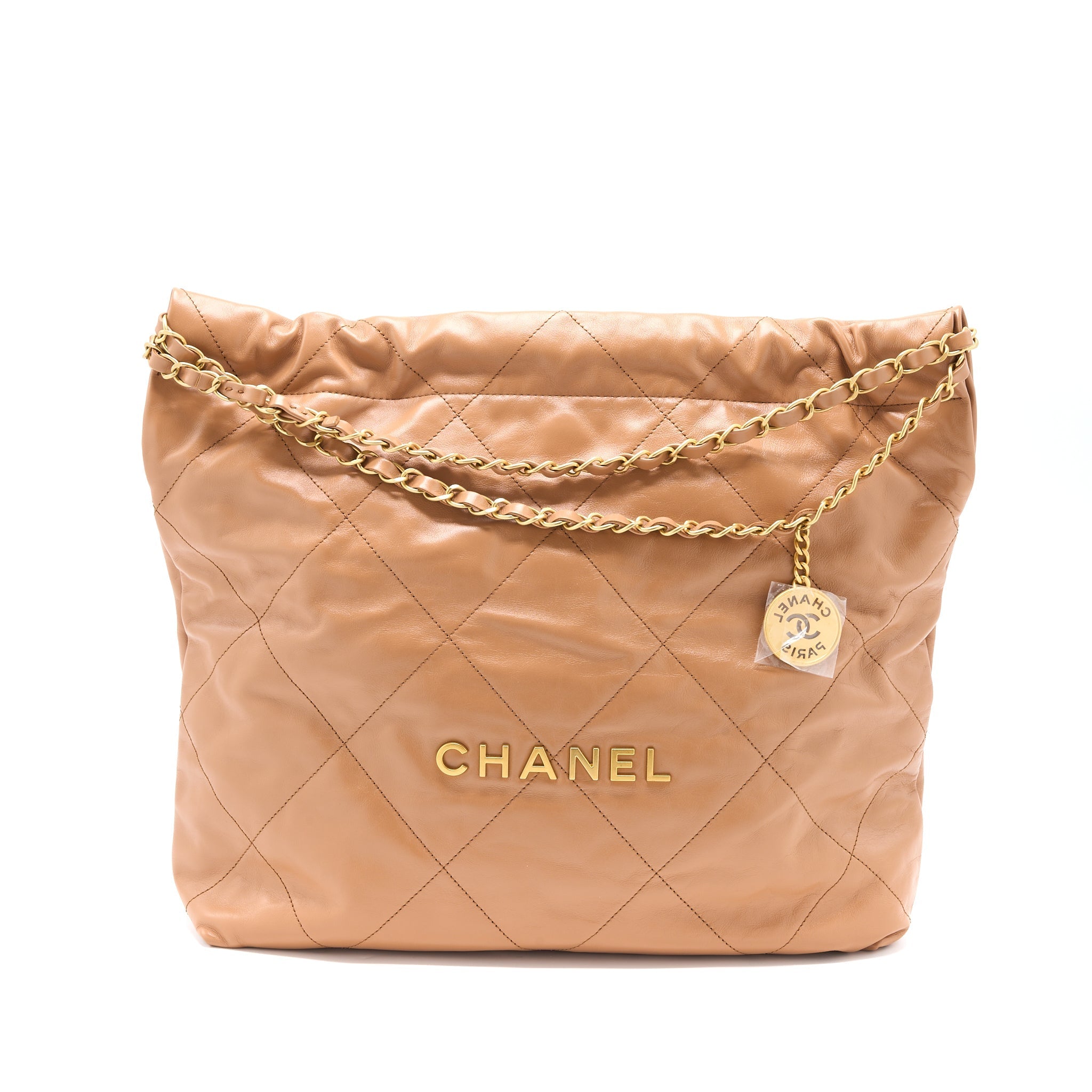 CHANEL MEDIUM 22 BAG SHINY CALFSKIN CARAMEL GHW (MICROCHIP)