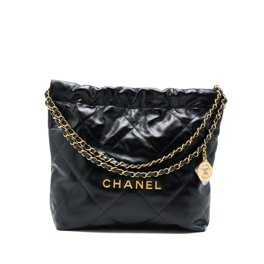 CHANEL SMALL 22 BAG GOLD LETTER SHINY CALFSKIN BLACK GHW (MICROCHIP)