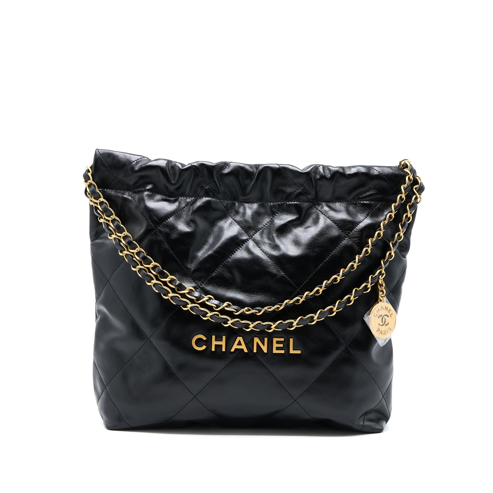 CHANEL SMALL 22 BAG GOLD LETTER SHINY CALFSKIN BLACK GHW (MICROCHIP)