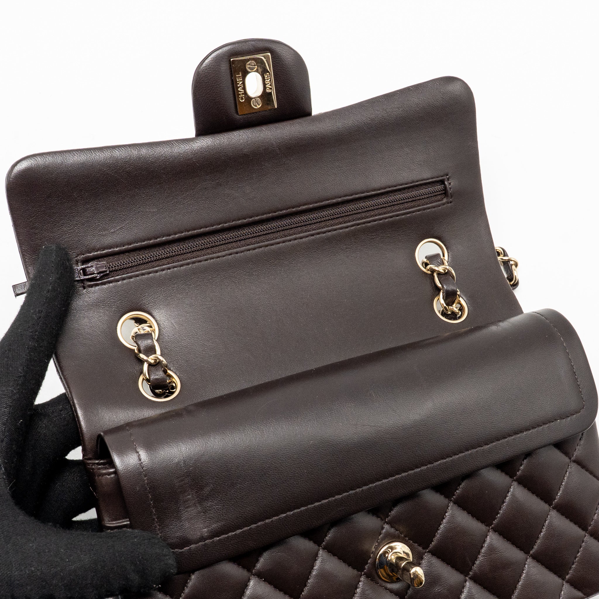 CHANEL SMALL CLASSIC DOUBLE FLAP BAG LAMBSKIN DARK BROWN LGHW (MICROCHIP)