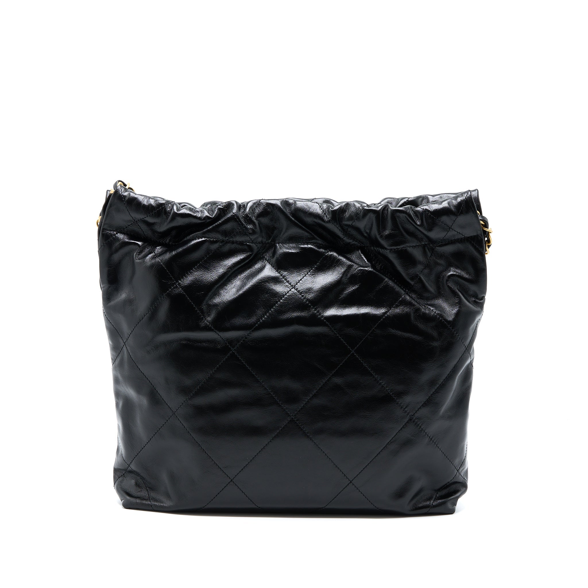 CHANEL SMALL 22 BAG GOLD LETTER SHINY CALFSKIN BLACK GHW (MICROCHIP)
