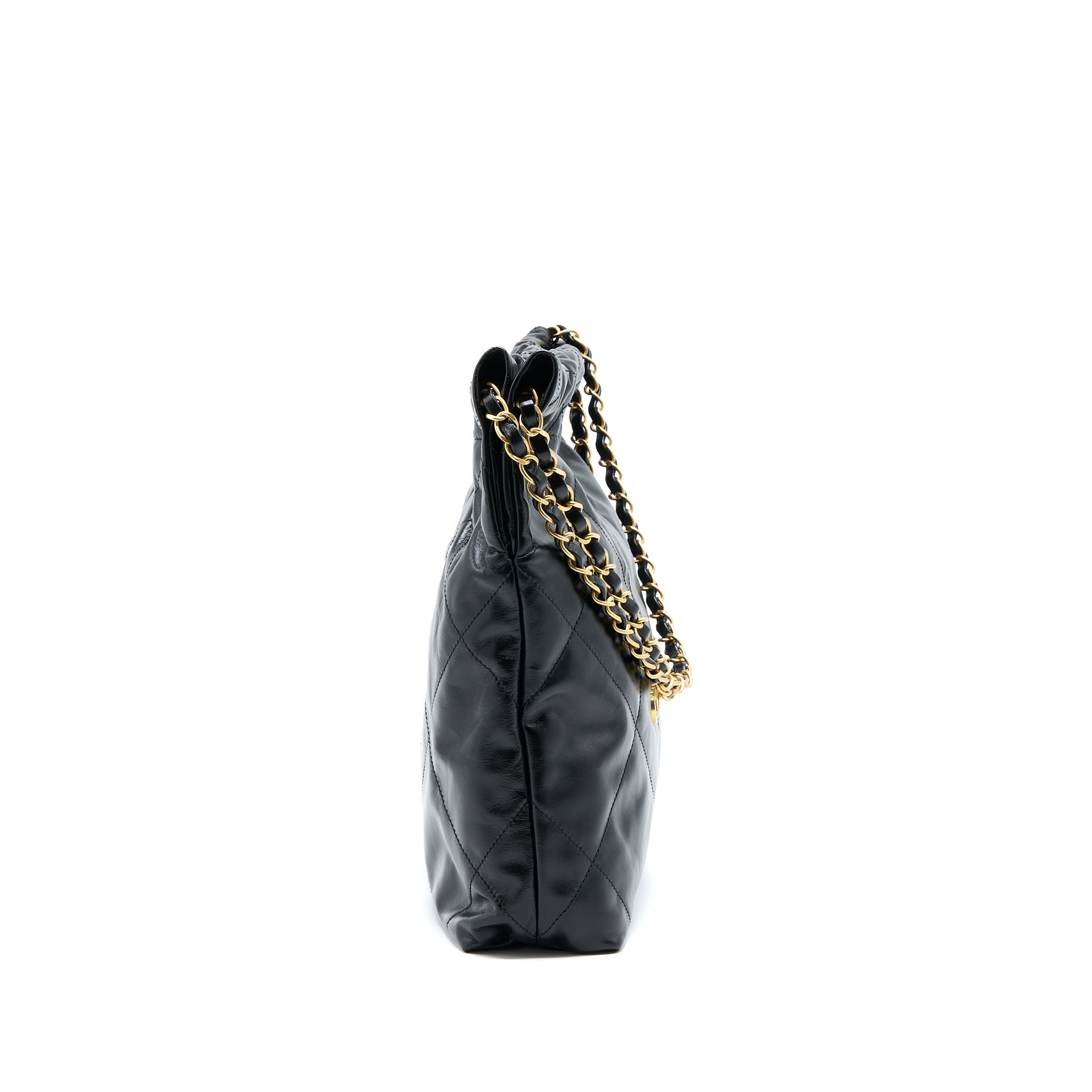 CHANEL SMALL 22 BAG GOLD LETTER SHINY CALFSKIN BLACK GHW (MICROCHIP)