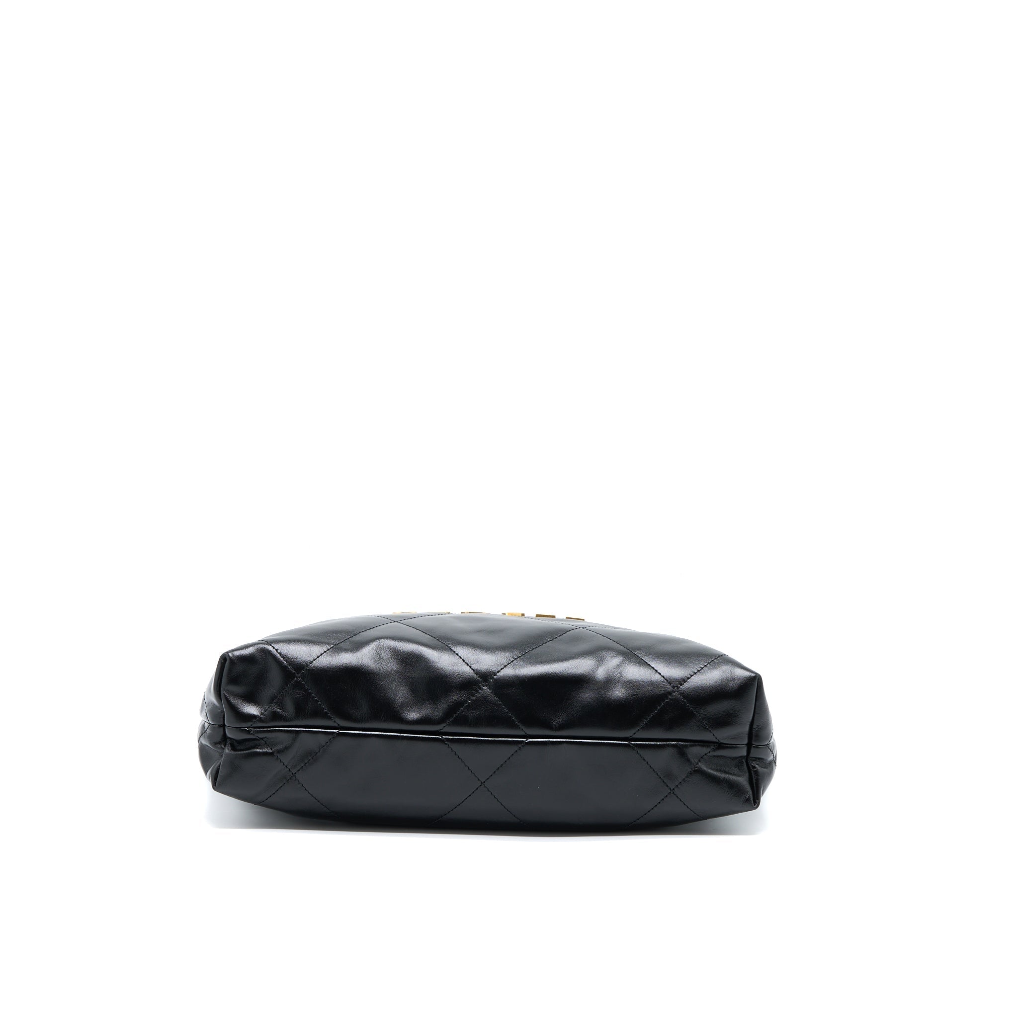CHANEL SMALL 22 BAG GOLD LETTER SHINY CALFSKIN BLACK GHW (MICROCHIP)