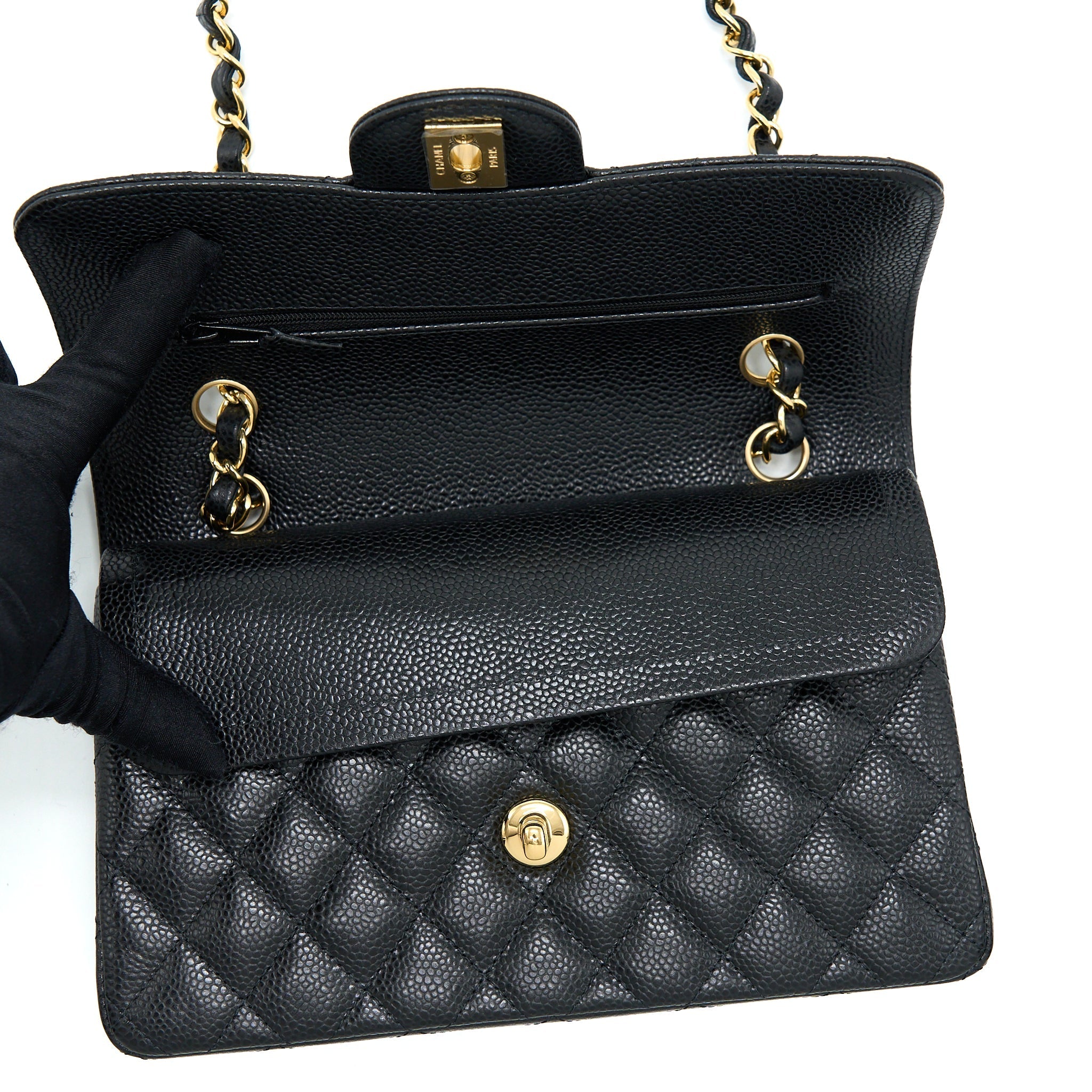 CHANEL SMALL CLASSIC DOUBLE FLAP BAG CAVIAR BLACK GHW (MICROCHIP)