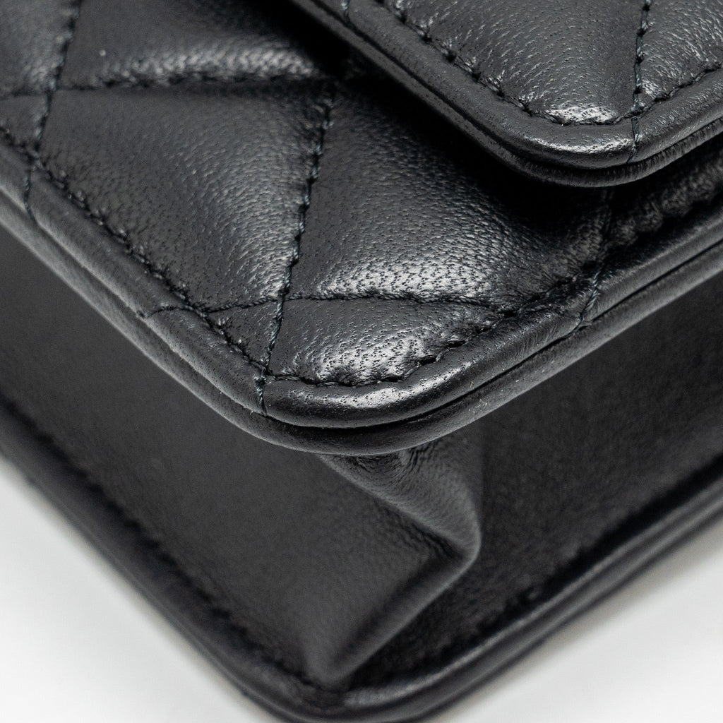 CHANEL PEARL CRUSH WALLET ON CHAIN LAMBSKIN BLACK GHW (MICROCHIP)