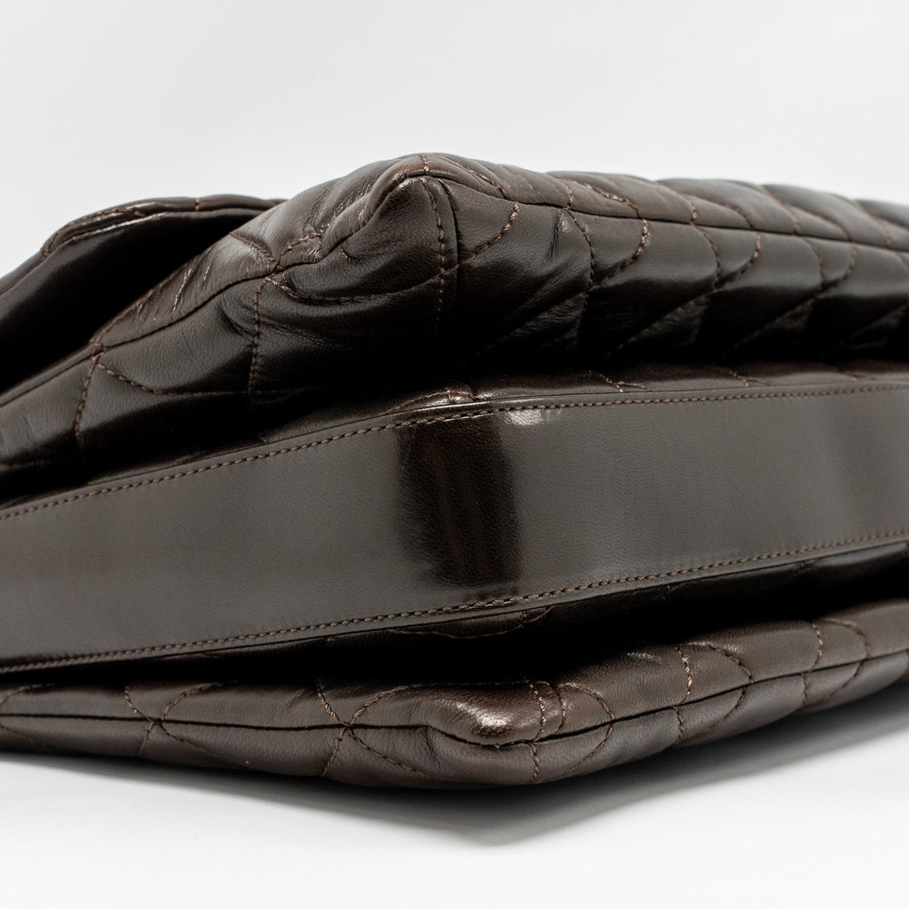 CHANEL LARGE QUILTED FLAP BAG WITH CHAIN LAMBSKIN DARK BROWN SHW