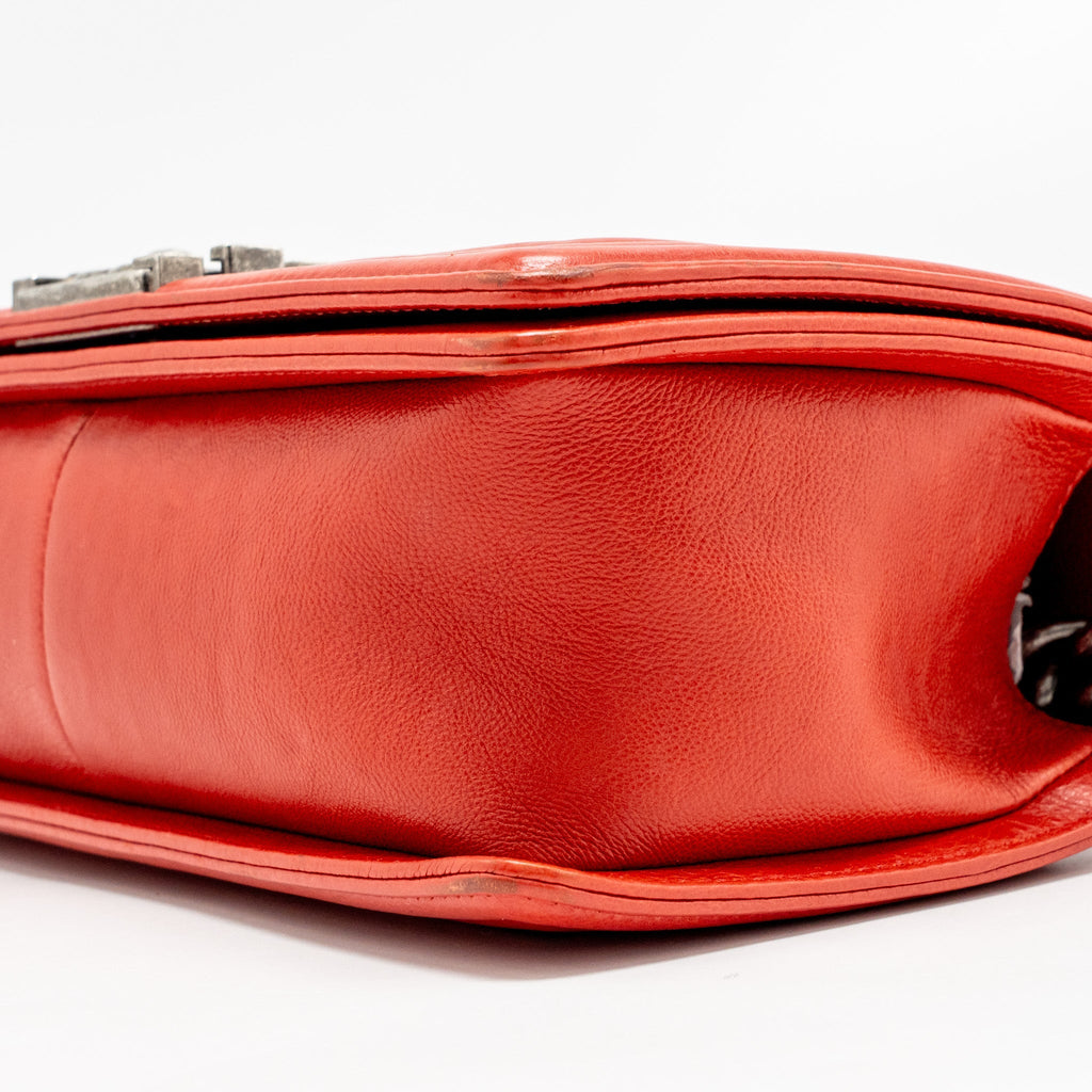 CHANEL QUILTED MEDIUM BOY BAG CALFSKIN RED RUTHENIUM SILVER HARDWARE