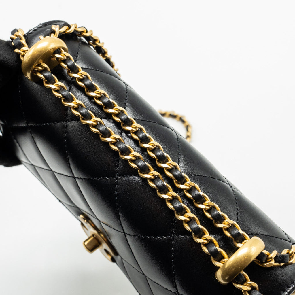 CHANEL 24C GOLD CRUSH MINI FLAP BAG CALFSKIN BLACK GHW (MICROCHIP)