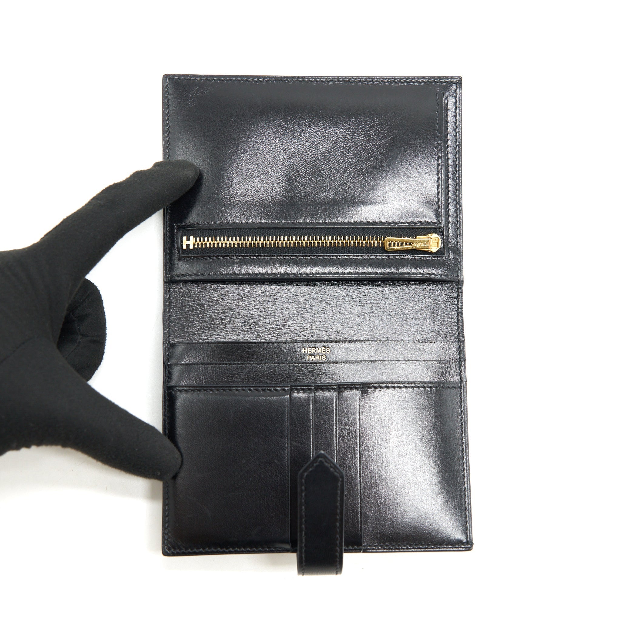 HERMES BEARN COMPACT WALLET BOX CALFSKIN BLACK GHW