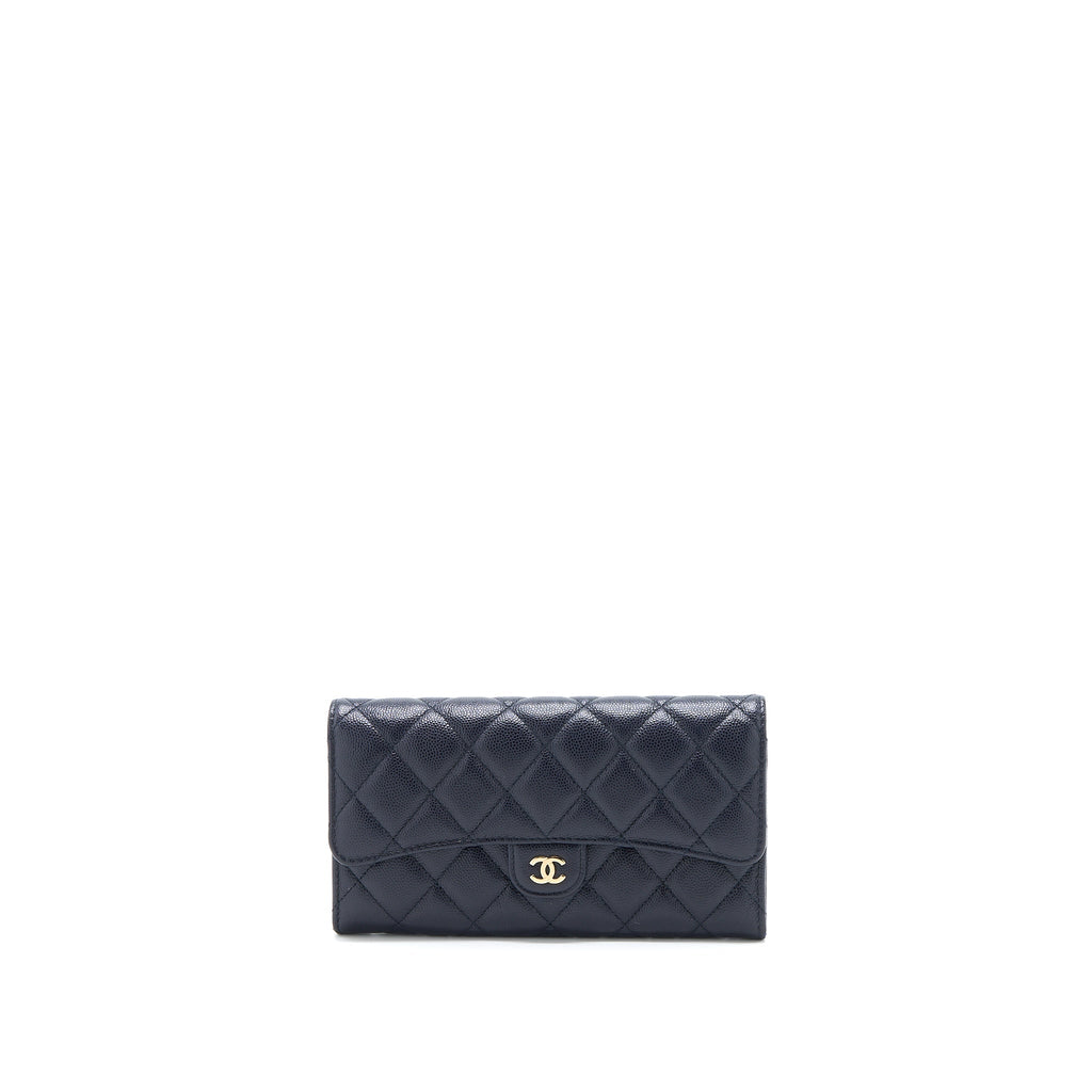 CHANEL CLASSIC FLAP LONG WALLET CAVIAR DARK BLUE LGHW