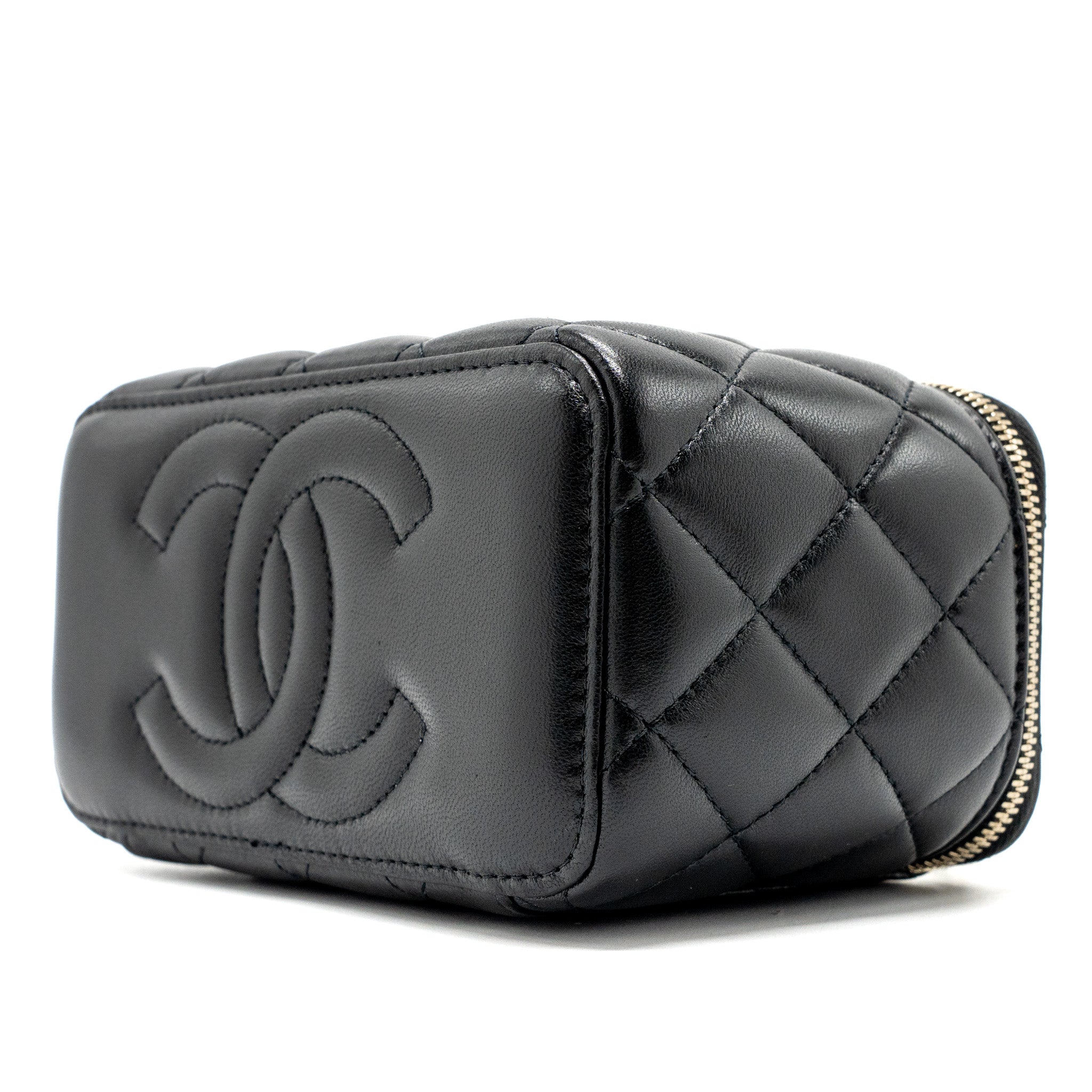CHANEL TOP HANDLE LONG VANITY CASE LAMBSKIN BLACK LGHW (MICROCHIP)