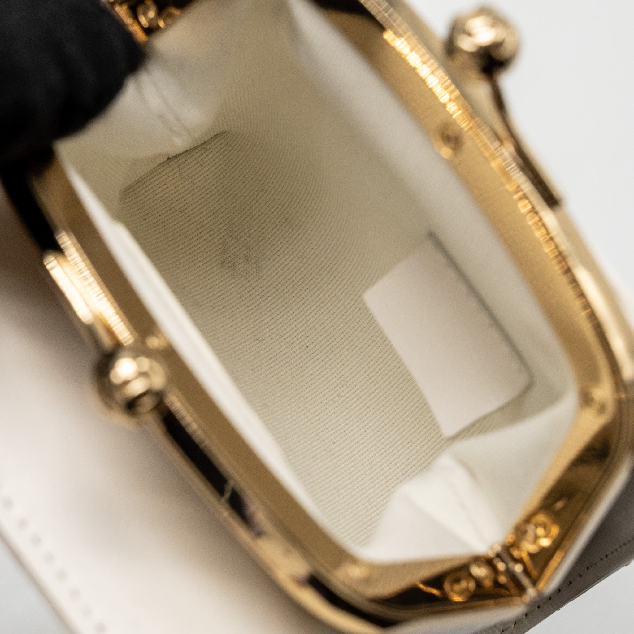 CHANEL TOP HANDLE FLAP KISS LOCK MINI CLUTCH WITH CHAIN LAMBSKIN WHITE LGHW (MICROCHIP)