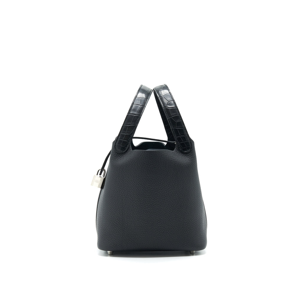 HERMES PICOTIN LOCK 18 TOUCH BAG CLEMENCE WITH ALLIGATOR HANDLE BLACK SHW
