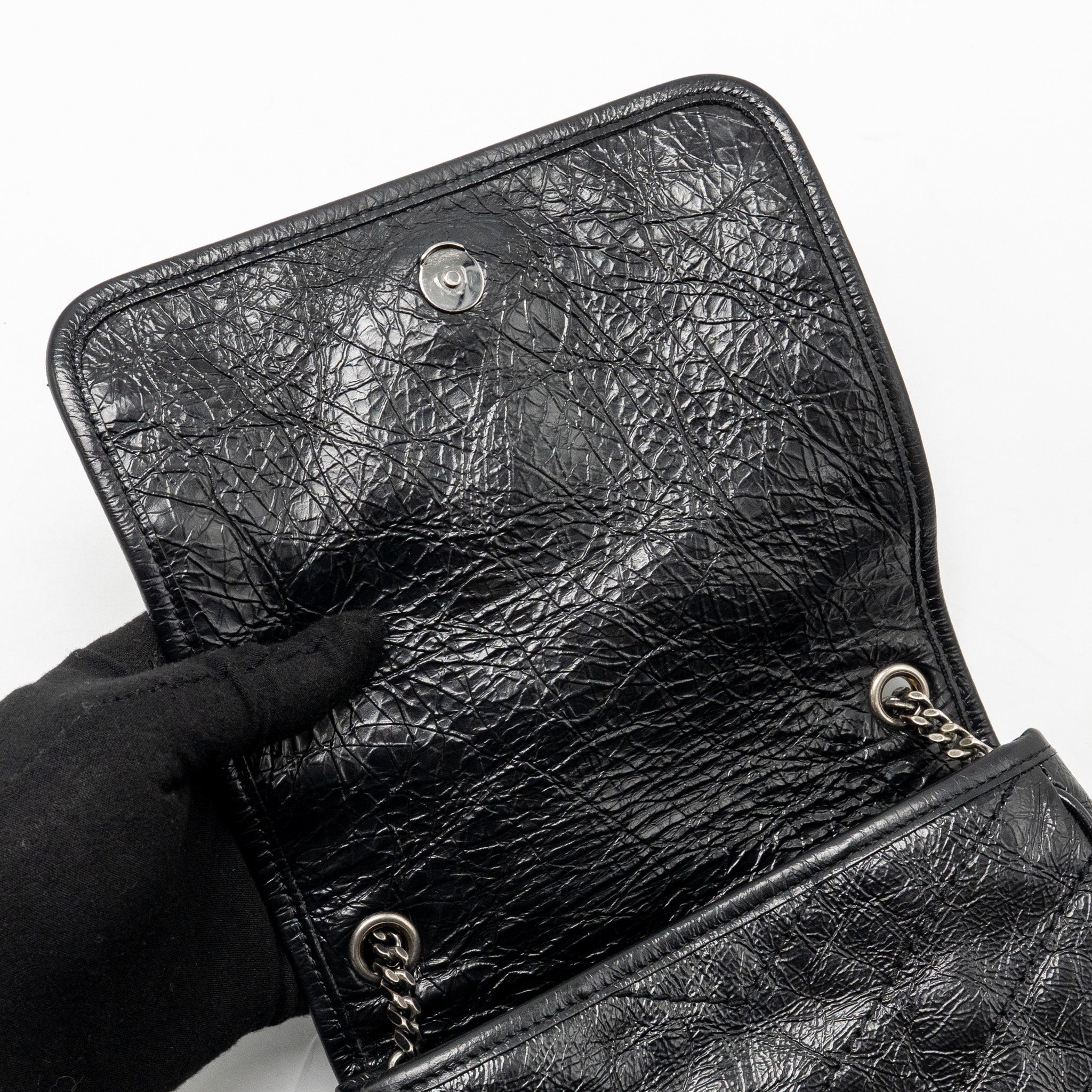 SAINT LAURENT / YSL NIKI CHAIN WALLET CRINKLED CALFSKIN BLACK SHW