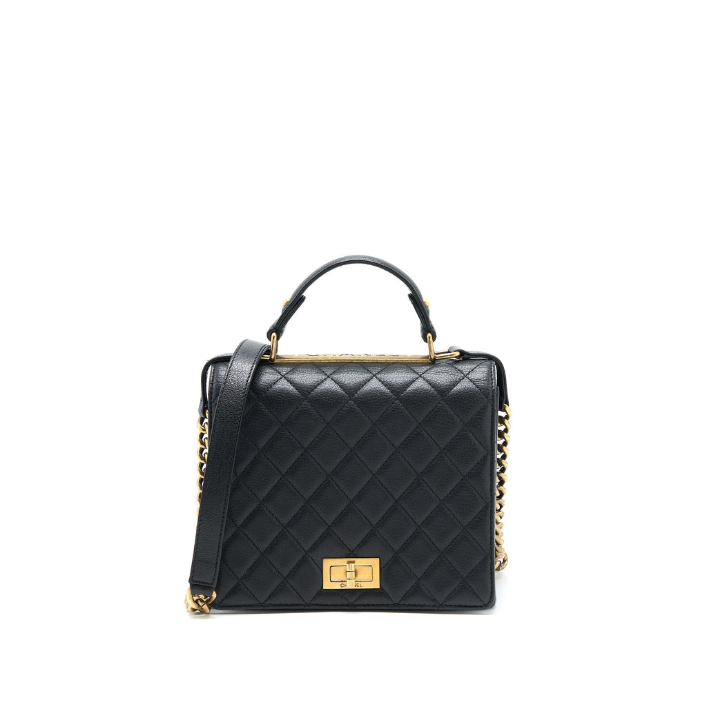 CHANEL RITA TOP HANDLE FLAP BAG GRAINED GOATSKIN BLACK BRUSHED GHW