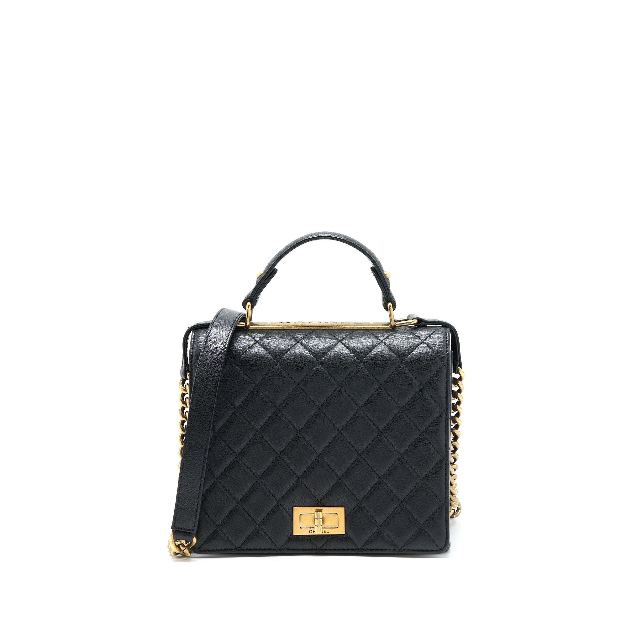CHANEL RITA TOP HANDLE FLAP BAG GRAINED GOATSKIN BLACK BRUSHED GHW