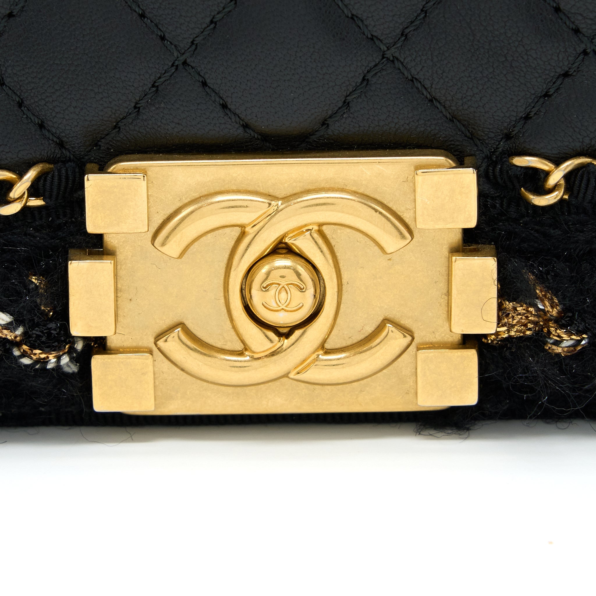 CHANEL SMALL JACKET BOY BAG LAMBSKIN/TWEED BLACK GHW