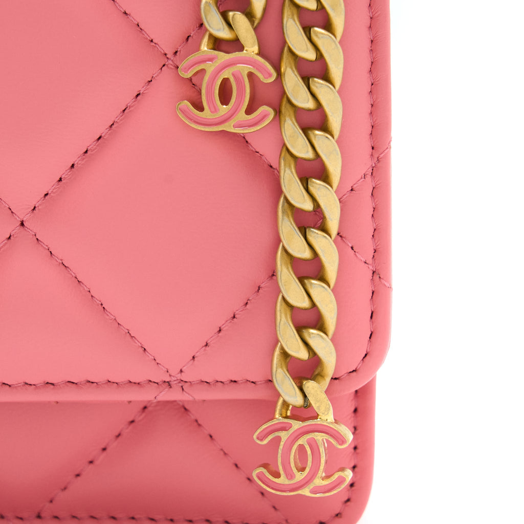 CHANEL 22P SEASONAL MINI SQUARE WALLET ON CHAIN LAMBSKIN PINK GHW