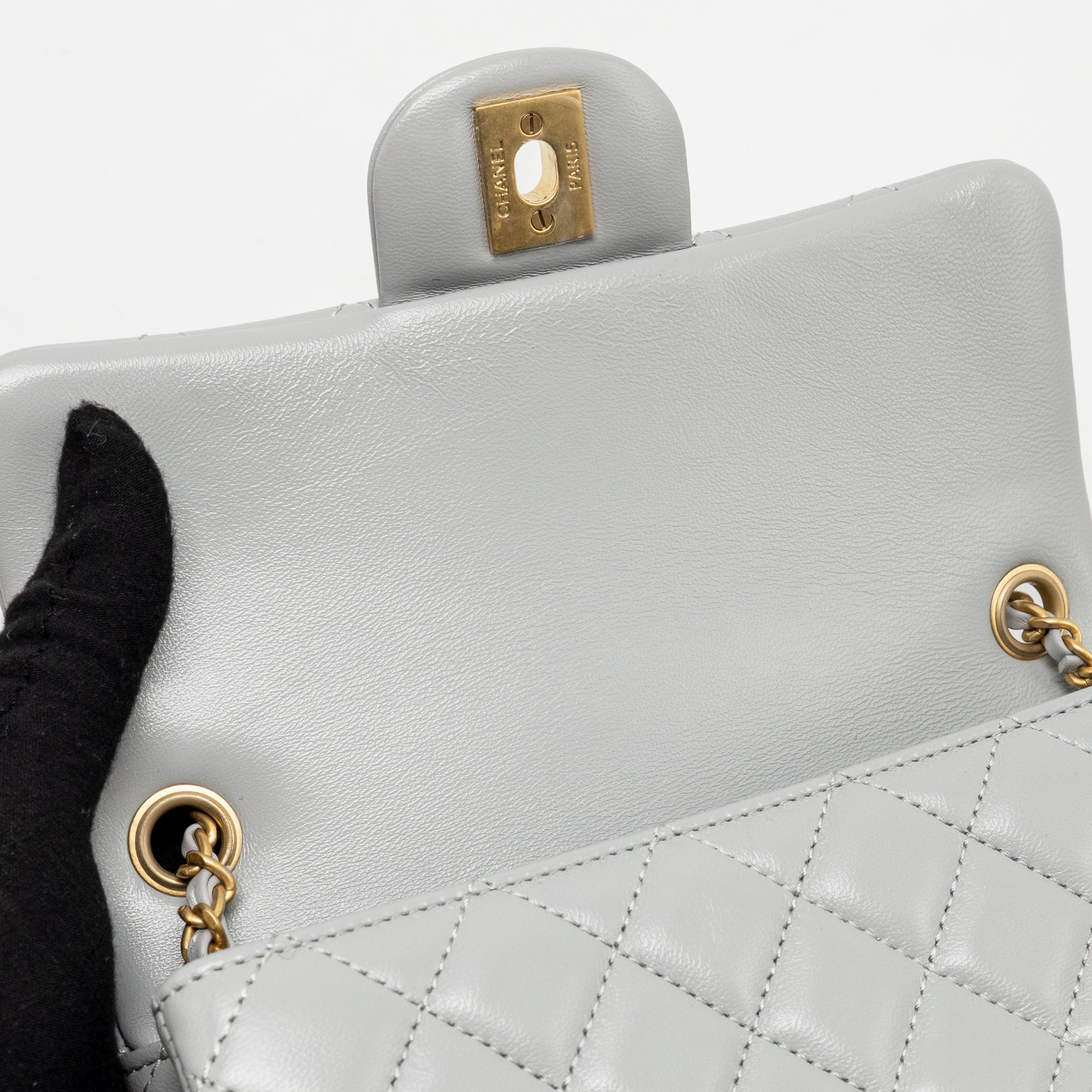 CHANEL PEARL CRUSH MINI RECTANGULAR FLAP BAG LAMBSKIN GREY GHW (MICROCHIP)