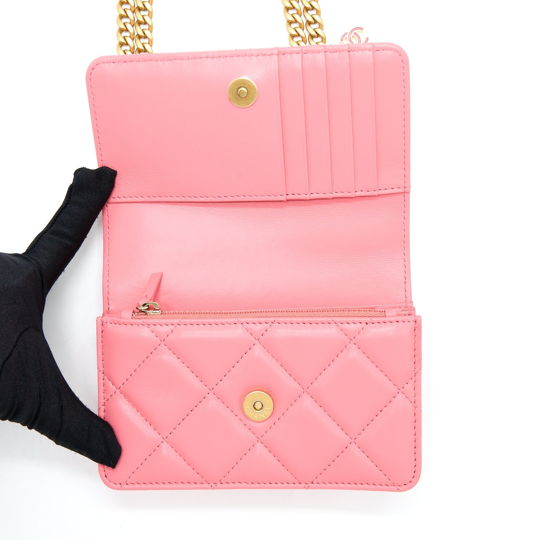 CHANEL 22P SEASONAL MINI SQUARE WALLET ON CHAIN LAMBSKIN PINK GHW