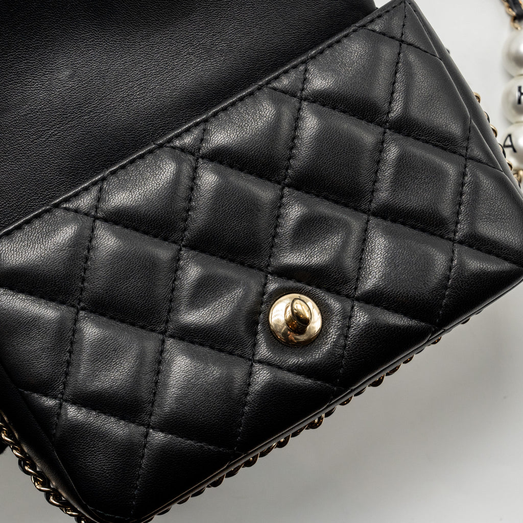 CHANEL QUILTED FLAP BAG WITH PEARL CHAIN LAMBSKIN BLACK LGHW