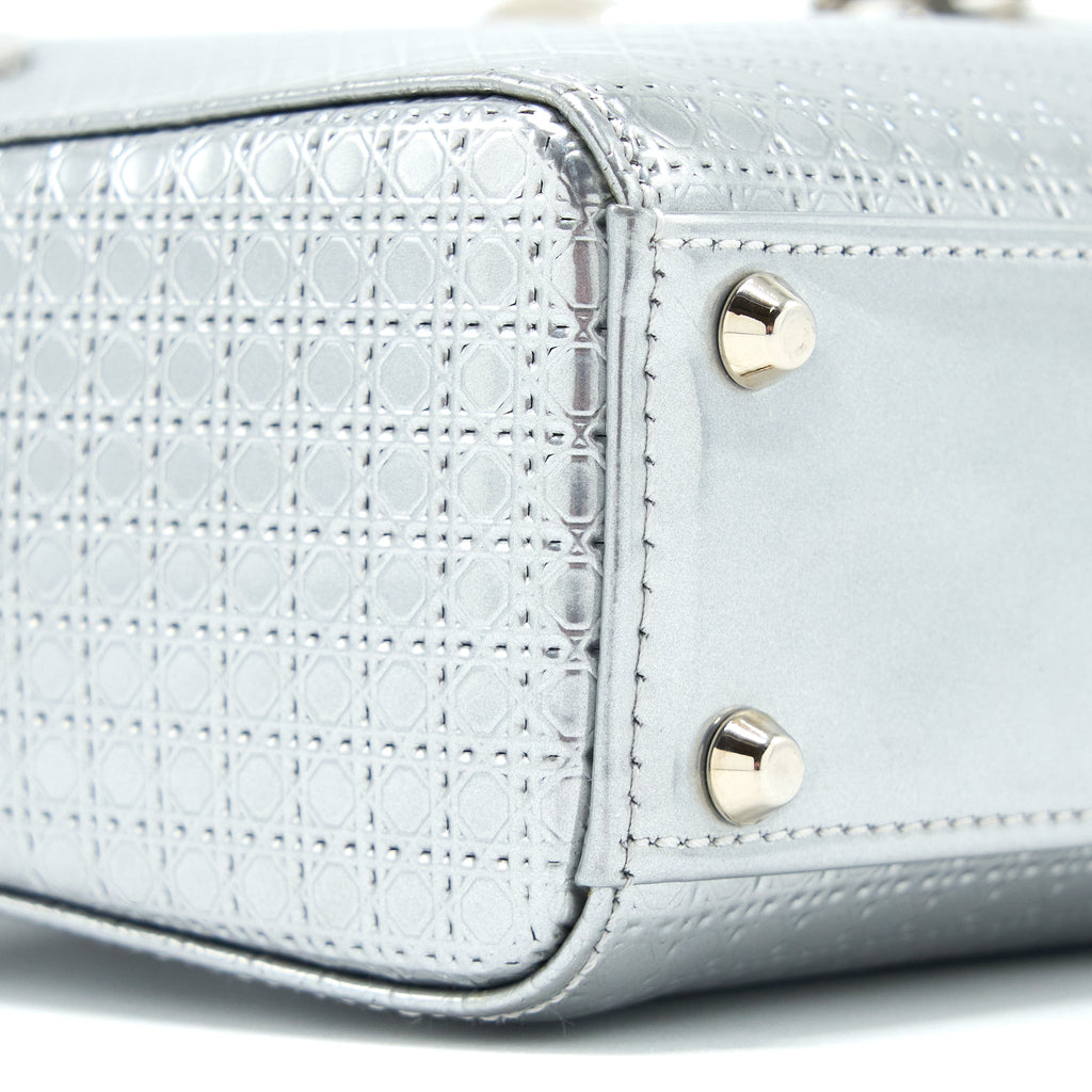 DIOR MINI LADY DIOR PATENT METALLIC SILVER SHW
