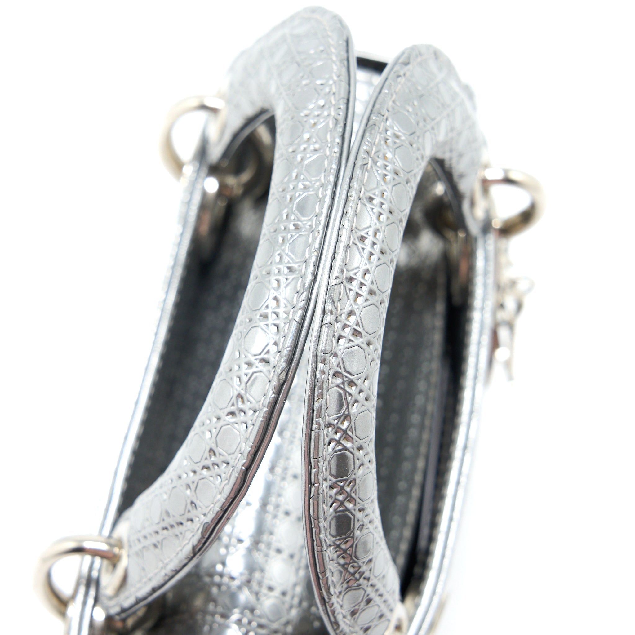 DIOR MINI LADY DIOR PATENT METALLIC SILVER SHW