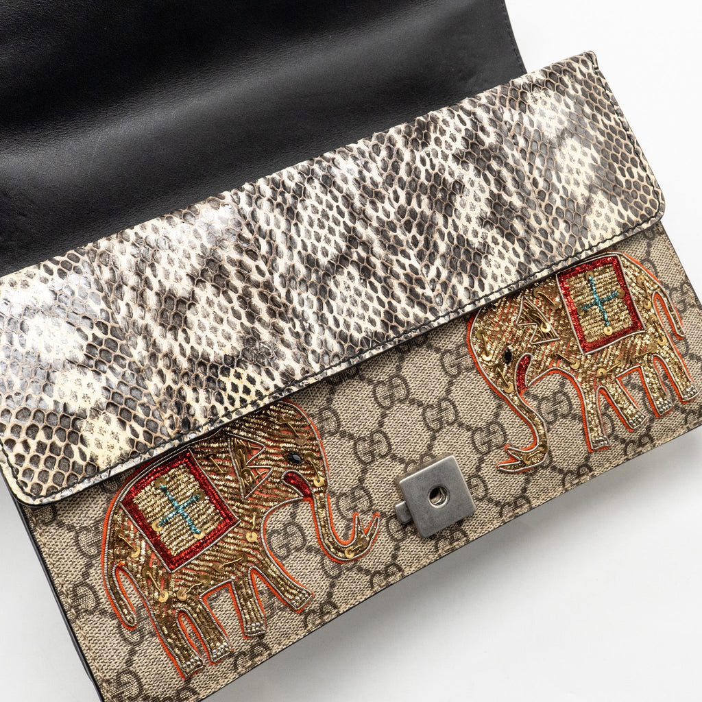 GUCCI SMALL ELEPHANT EMBROIDERED DIONYSUS SHOULDER BAG GG SUPREME CANVAS/LEATHER BEIGE/MULTICOLOUR SHW