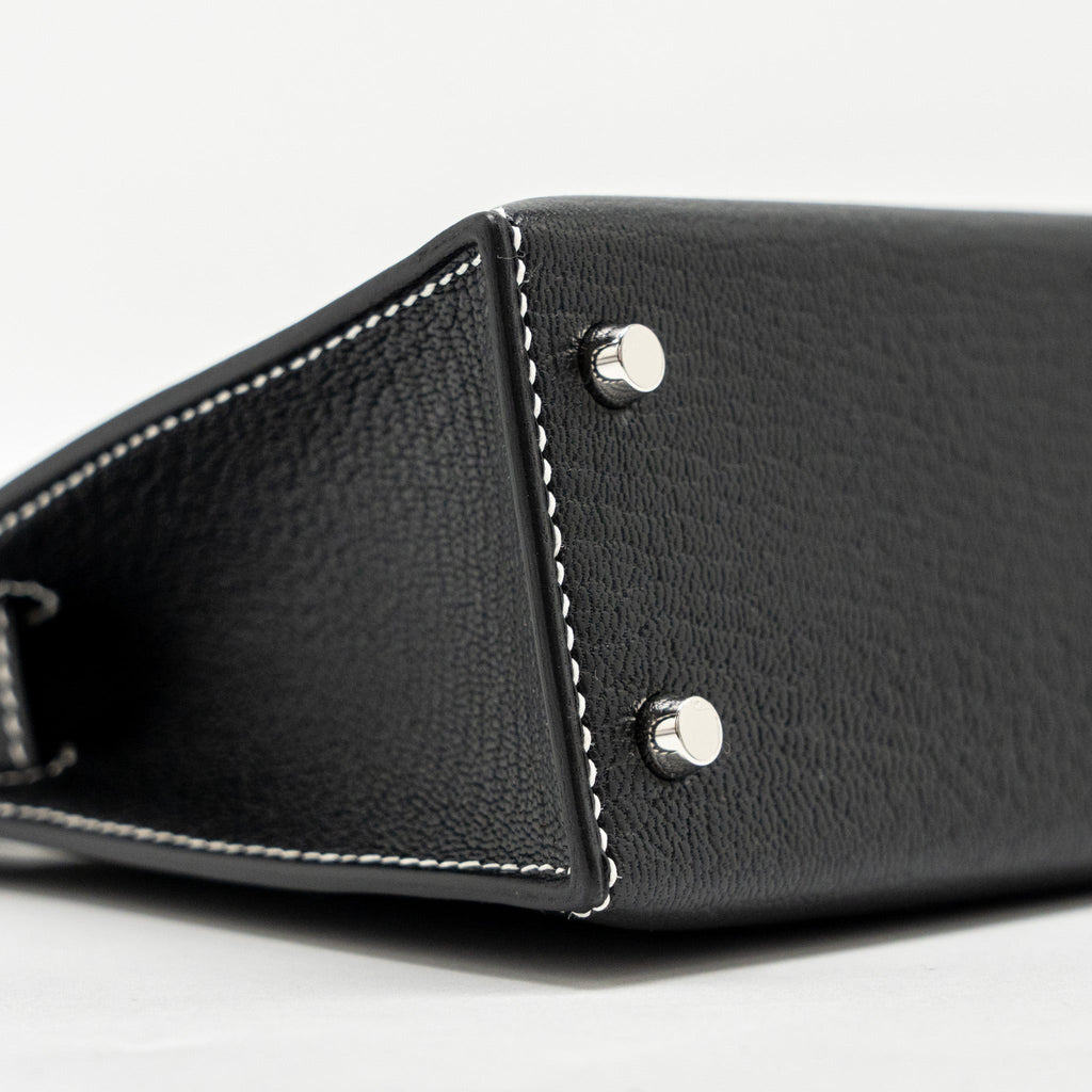 HERMES MINI KELLY II SPECIAL ORDER CHEVRE MYSORE BLACK / GRIS PERLE WHITE STITCHING SHW