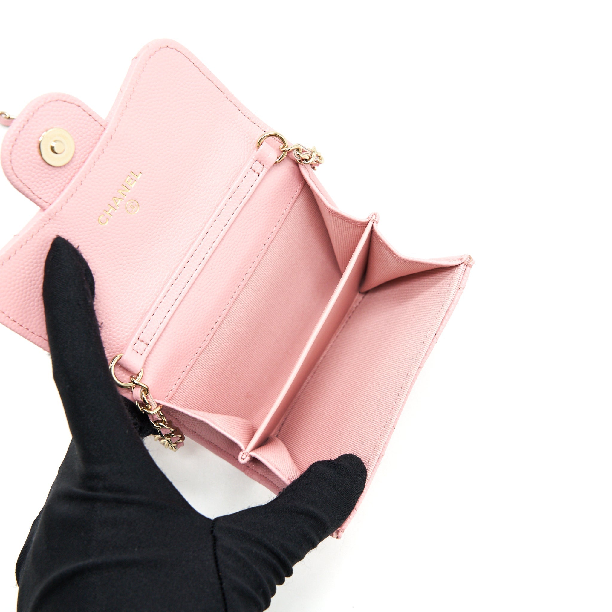 CHANEL CARD HOLDER ON CHAIN CAVIAR PINK LGHW