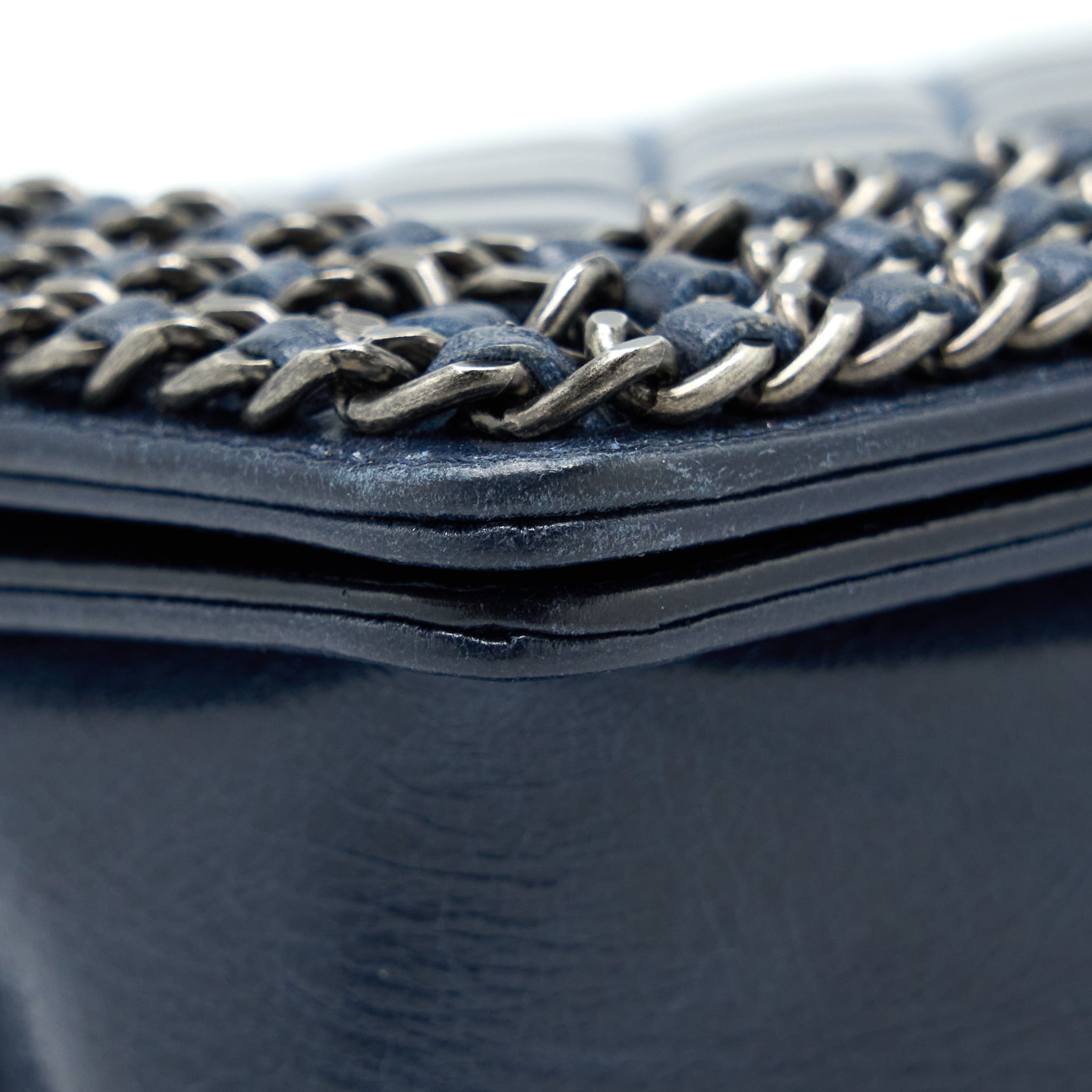 CHANEL MEDIUM BOY BAG LIMITED EDITION WITH CHAIN EDGE AGED CALFSKIN NAVY RUTHENIUM HARDWARE
