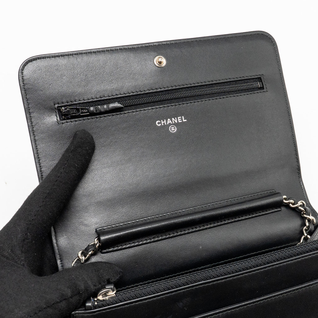 CHANEL QUILTED DIAMOND CC LOGO WALLET ON CHAIN CAVIAR BLACK SHW