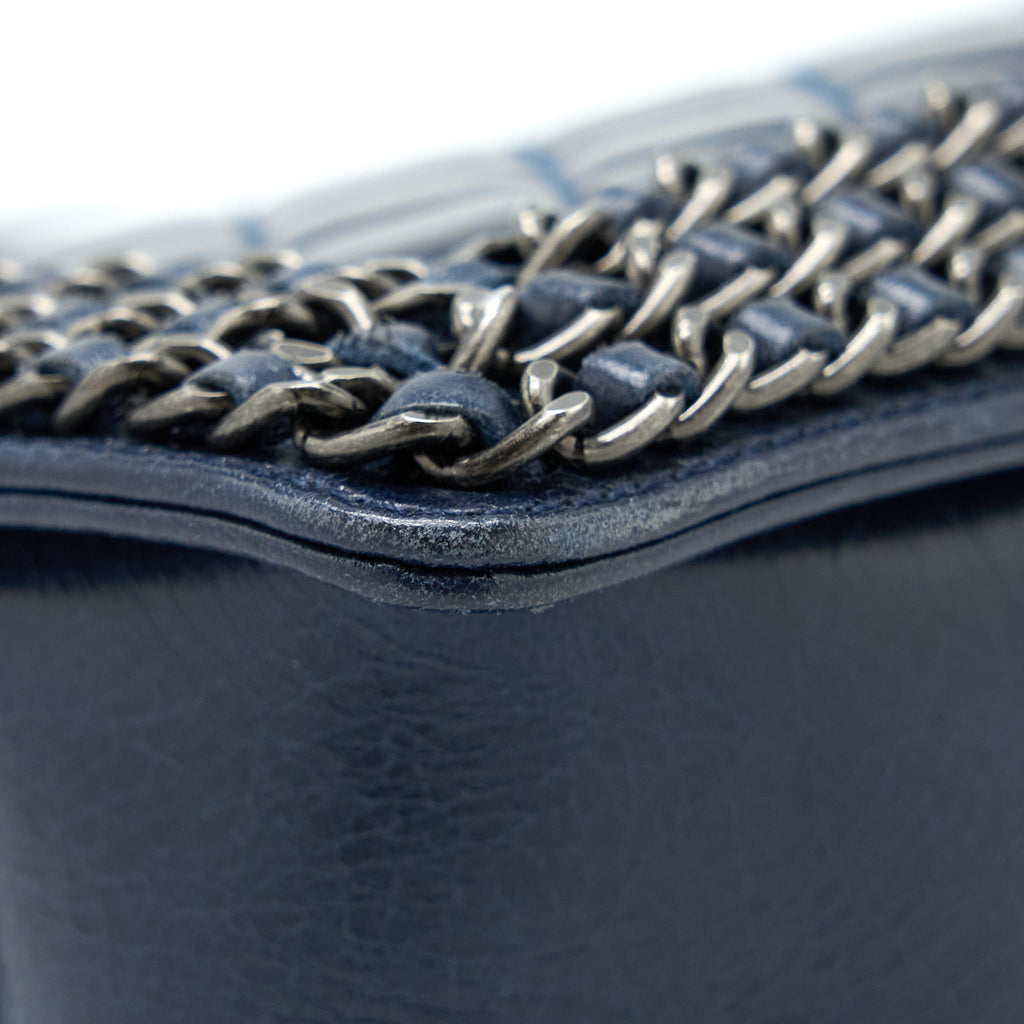 CHANEL MEDIUM BOY BAG LIMITED EDITION WITH CHAIN EDGE AGED CALFSKIN NAVY RUTHENIUM HARDWARE