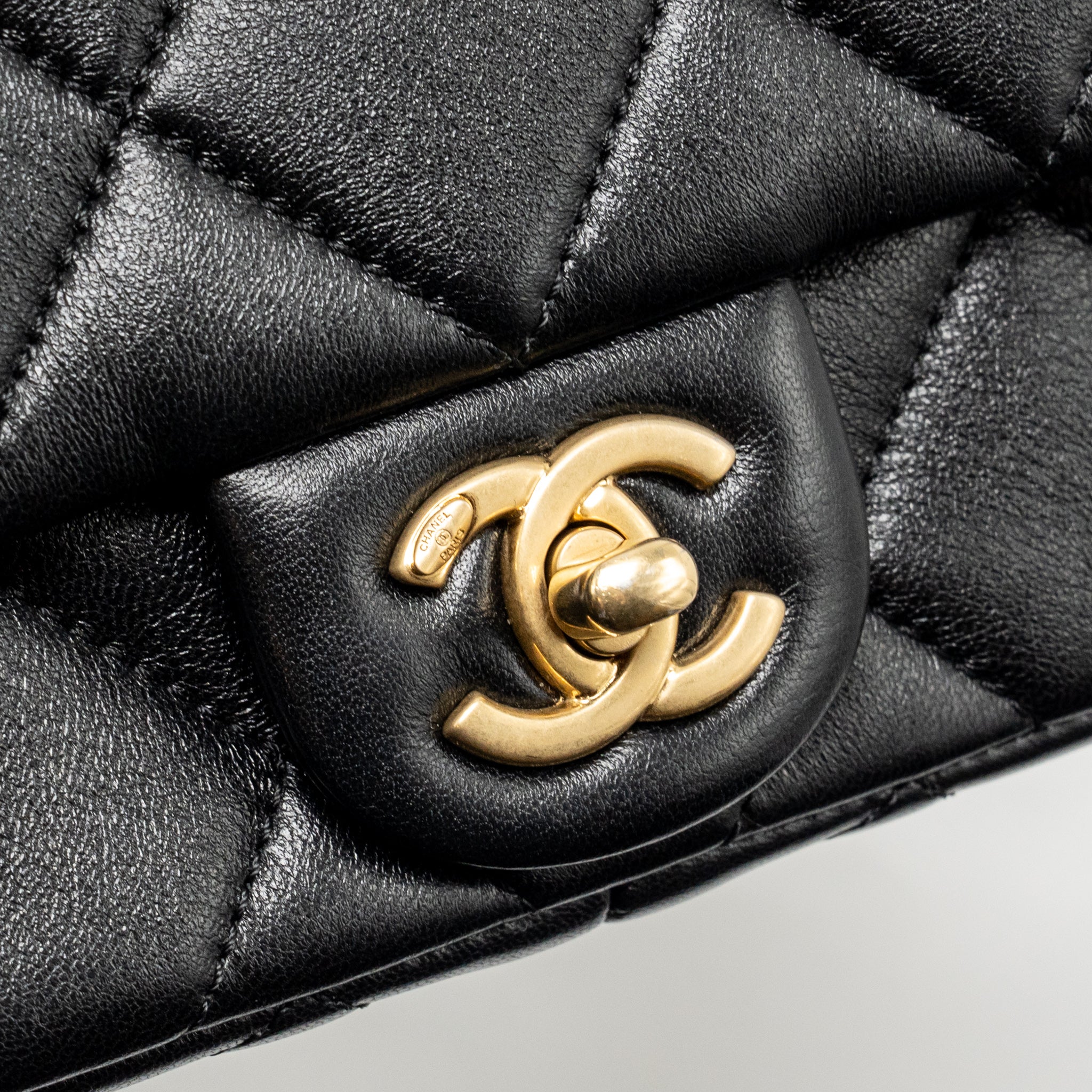 CHANEL 24S PEARL ADJUSTABLE CHAIN MINI FLAP BAG LAMBSKIN BLACK GHW (MICROCHIP)