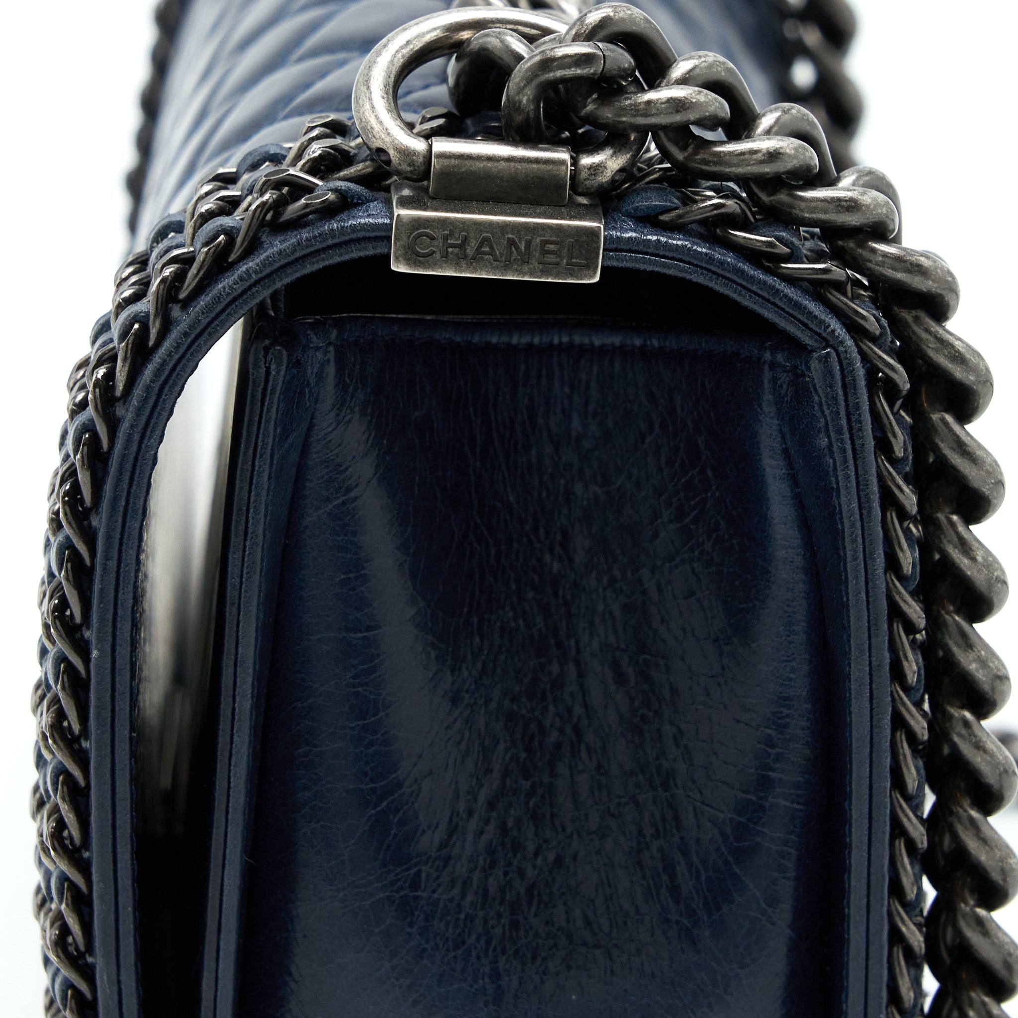 CHANEL MEDIUM BOY BAG LIMITED EDITION WITH CHAIN EDGE AGED CALFSKIN NAVY RUTHENIUM HARDWARE