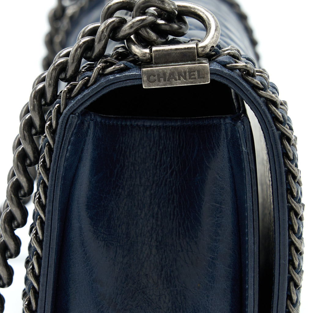 CHANEL MEDIUM BOY BAG LIMITED EDITION WITH CHAIN EDGE AGED CALFSKIN NAVY RUTHENIUM HARDWARE