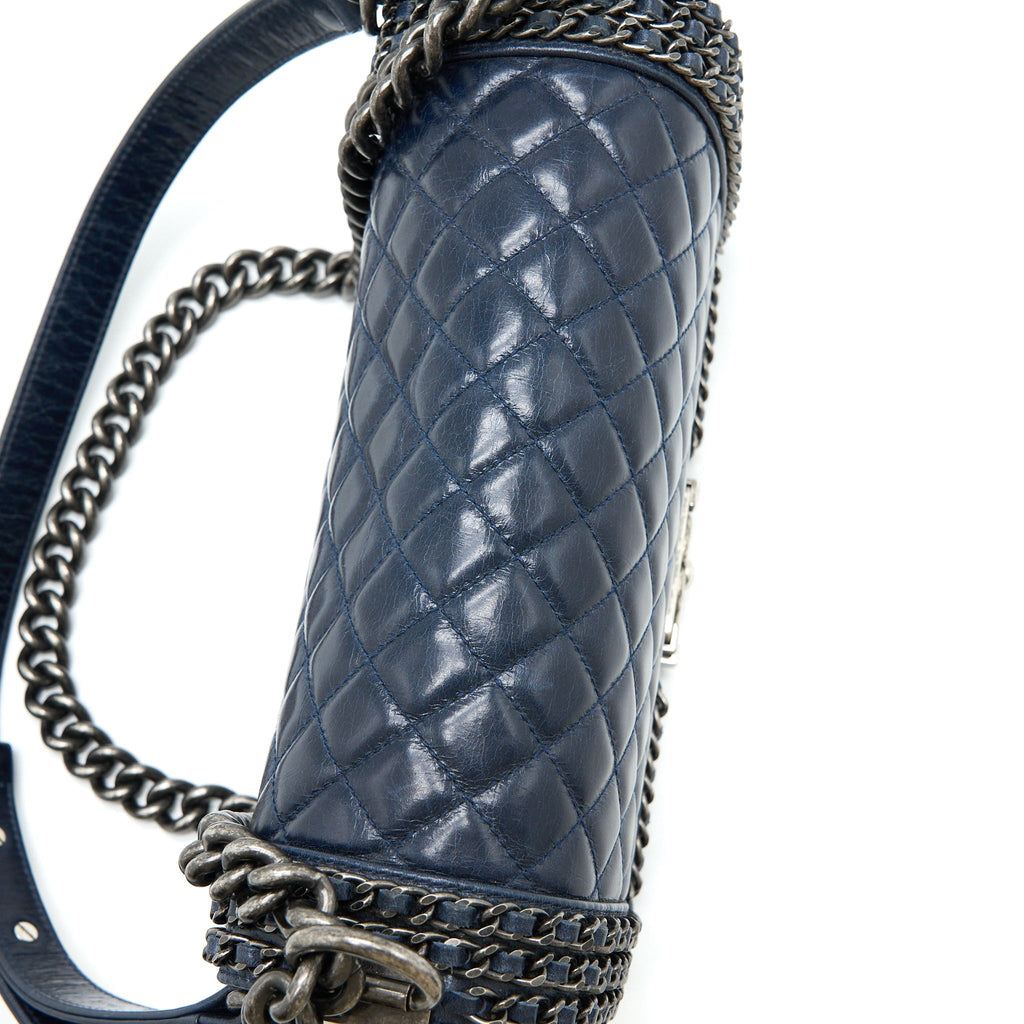 CHANEL MEDIUM BOY BAG LIMITED EDITION WITH CHAIN EDGE AGED CALFSKIN NAVY RUTHENIUM HARDWARE