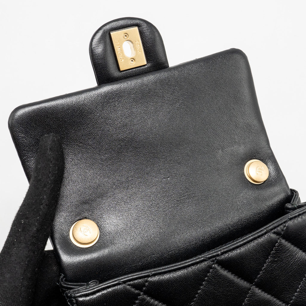 CHANEL 24S PEARL ADJUSTABLE CHAIN MINI FLAP BAG LAMBSKIN BLACK GHW (MICROCHIP)