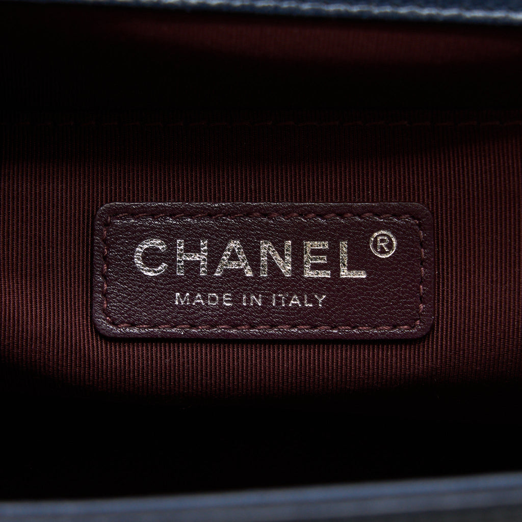 CHANEL MEDIUM BOY BAG LIMITED EDITION WITH CHAIN EDGE AGED CALFSKIN NAVY RUTHENIUM HARDWARE
