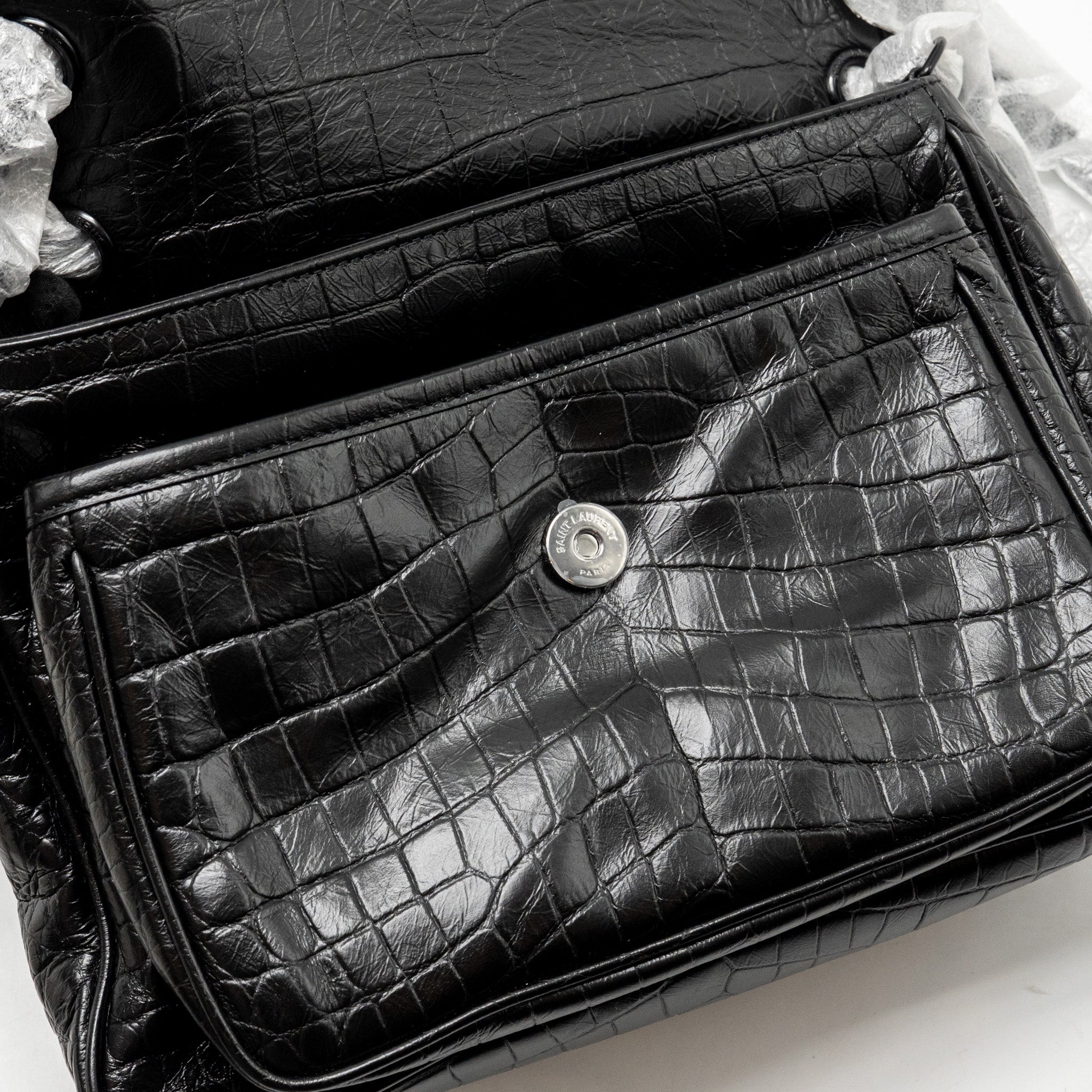 SAINT LAURENT / YSL MEDIUM NIKI BAG CROCODILE-EMBOSSED BLACK CALFSKIN BLACK HARDWARE
