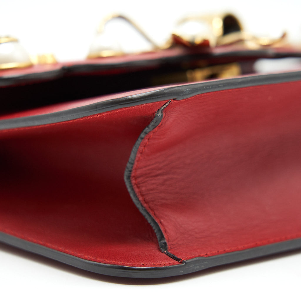 GUCCI BOW AND PEARL LEATHER CHAIN SHOULDER BAG RED