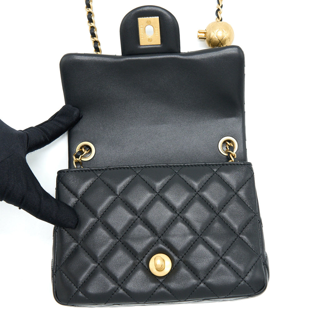 CHANEL PEARL CRUSH MINI SQUARE FLAP BAG LAMBSKIN BLACK GHW (MICROCHIP)