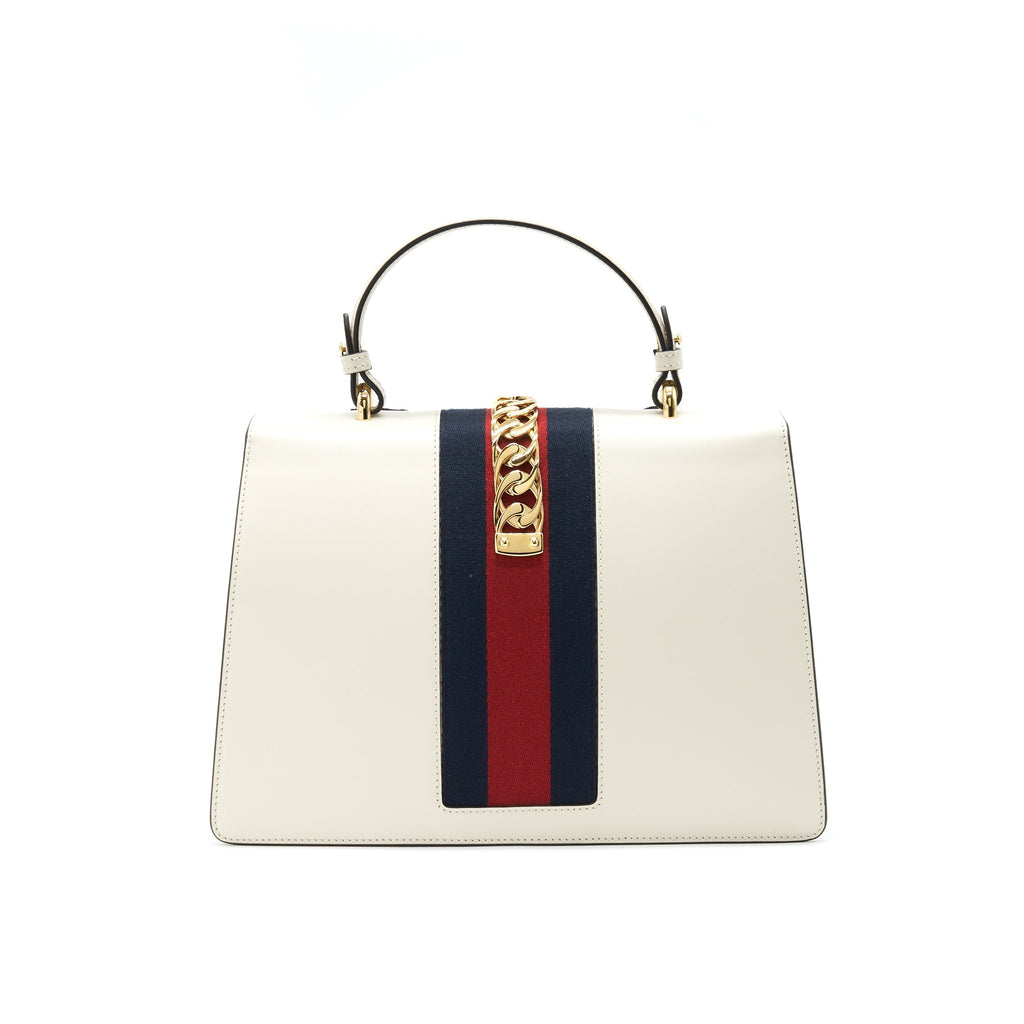 GUCCI SYLVIE TOP HANDLE EMBROIDERED MEDIUM TOTE BAG WHITE