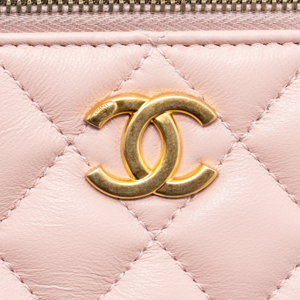 CHANEL LONG VANITY CASE CAMELLIA CHAIN LAMBSKIN  LIGHT PINK GHW (MICROCHIP)