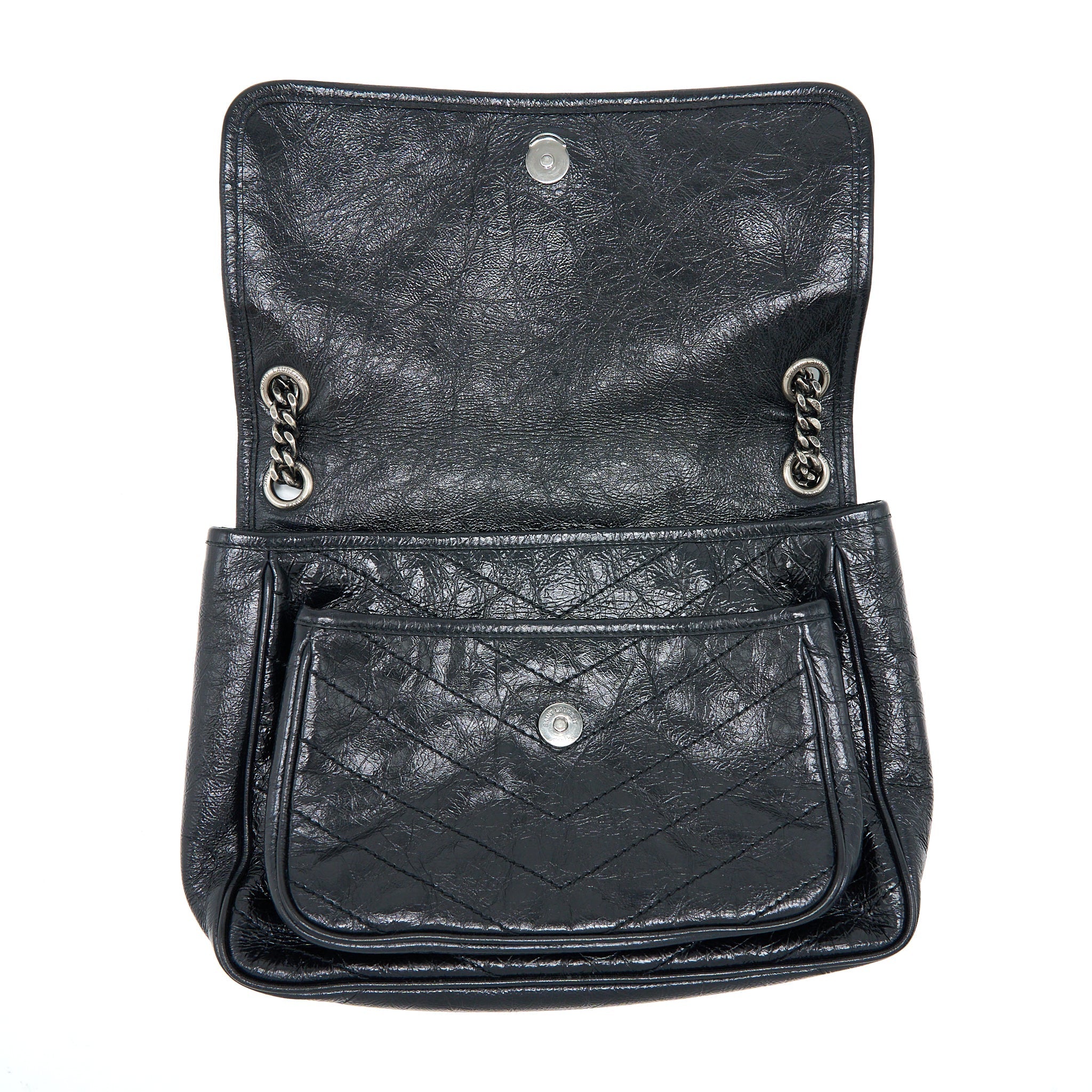 SAINT LAURENT NIKI AGED CALFSKIN BLACK WITH BLACK AND RUTHENIUM HARDWARE