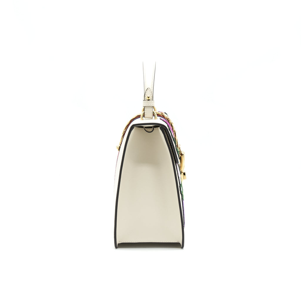 GUCCI SYLVIE TOP HANDLE EMBROIDERED MEDIUM TOTE BAG WHITE