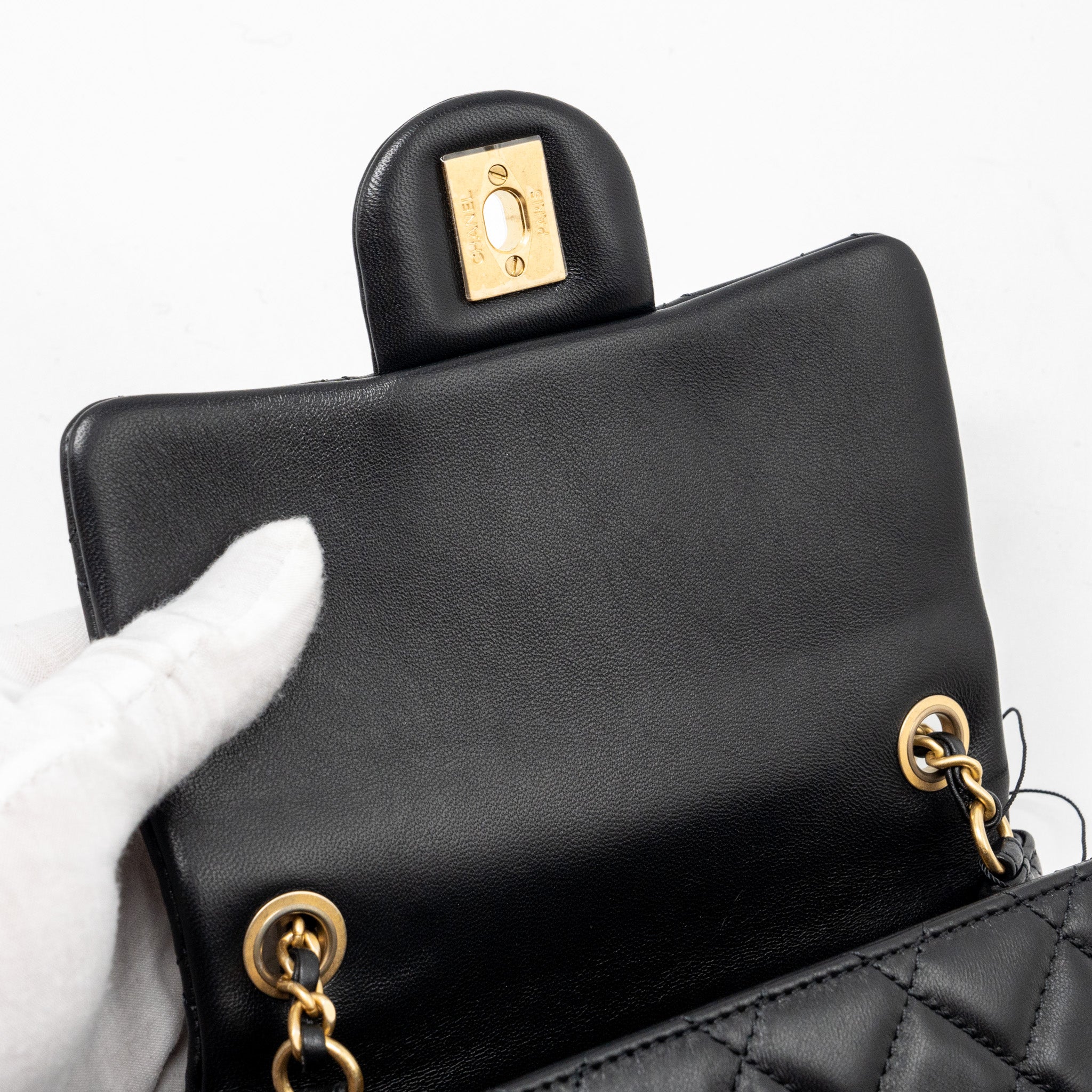 CHANEL PEARL CRUSH MINI SQUARE FLAP BAG LAMBSKIN BLACK GHW (MICROCHIP)