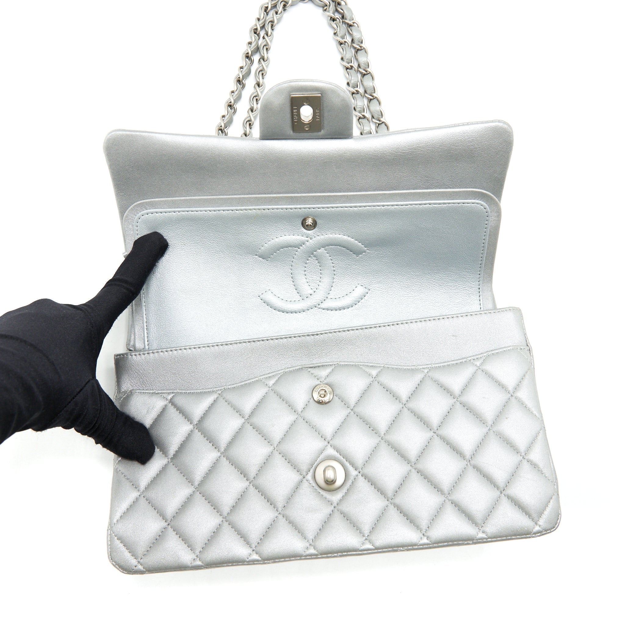 CHANEL MEDIUM CLASSIC FLAP BAG SILVER GREY SHW